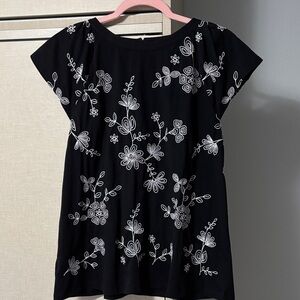 Ann Taylor size L Floral Embroidered Black Top
